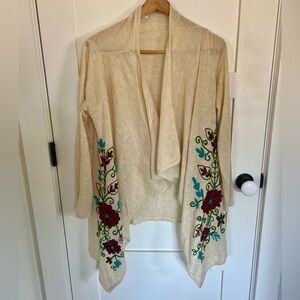 Embroidered Open-Front Cream Women's Sweater Cardigan